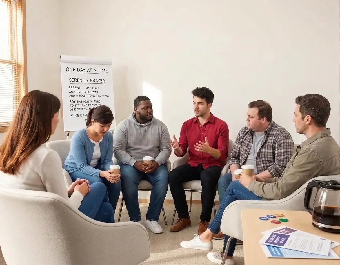 Small group seated in a circle of chairs, engaged in a relaxed group discussion