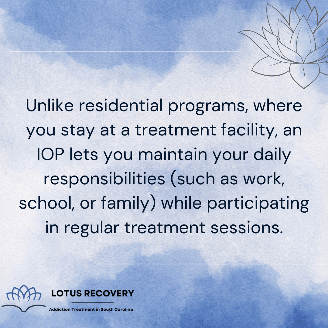 A graphic image explaining how an intensive outpatient program in South Carolina allow individuals to maintain work, school, and family responsibilities while attending treatment sessions
